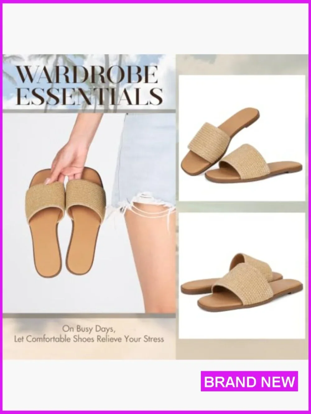 Raffia Slide Sandals Woven Flat Slip-On Open Toe Summer Casual Dressy